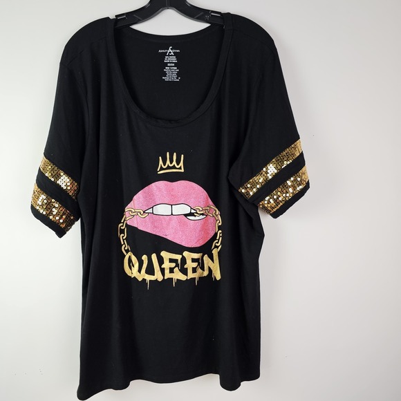 ASHLEY STEWART Top Size 22/24 Black Queen Lips Chain Gold Sequins Tee T-Shirt SS - Picture 1 of 6